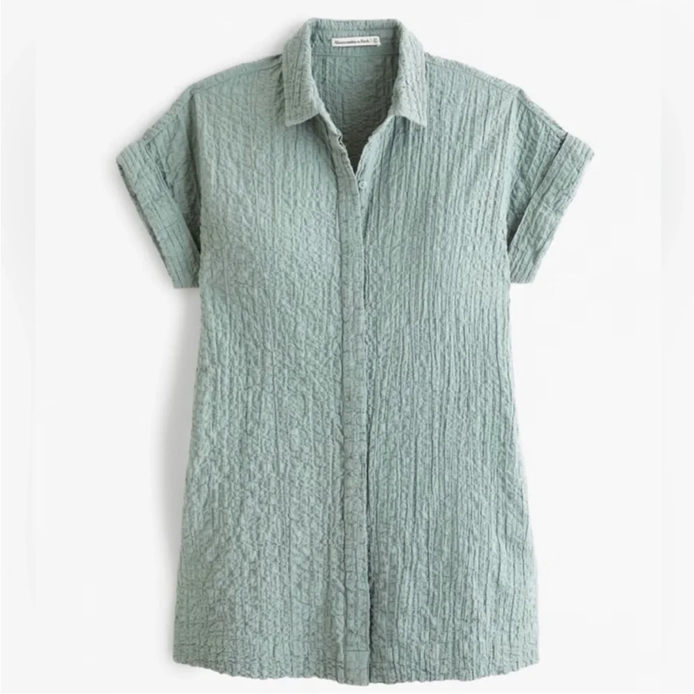 Abercrombie & Fitch Sage Green Crinkled Shirt Mini Dress - Picture 3 of 16
